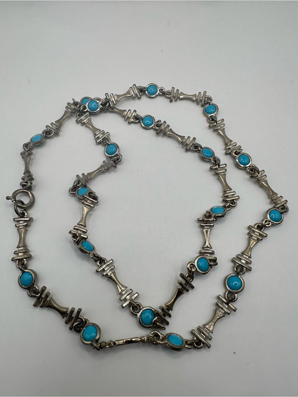 Turquoise Silver Link Necklace Southwestern Boho Statement Jewelry 18-20”